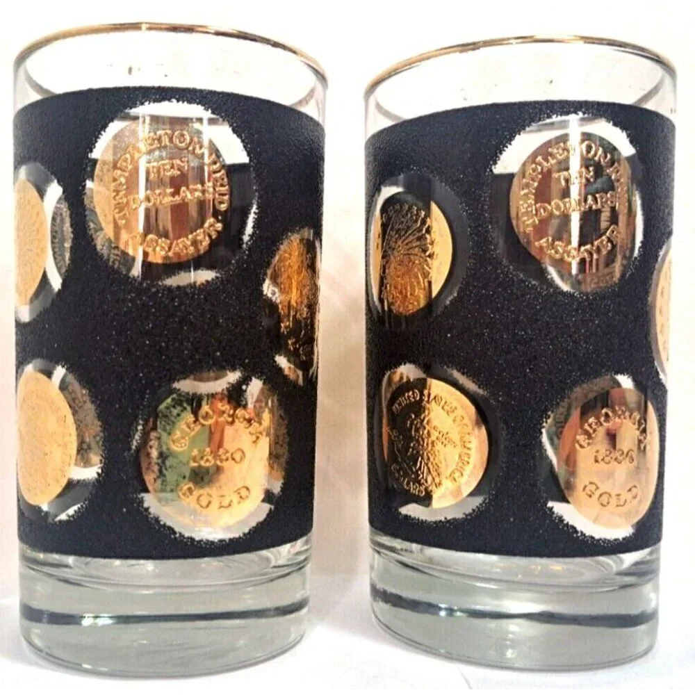Vintage Libbey Gold Coin Black Textured MCM Set Of 2 Highball Glasses FLAW